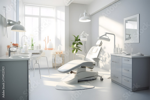Interior of dental practice room with chair, lamp and stomatological tools photo