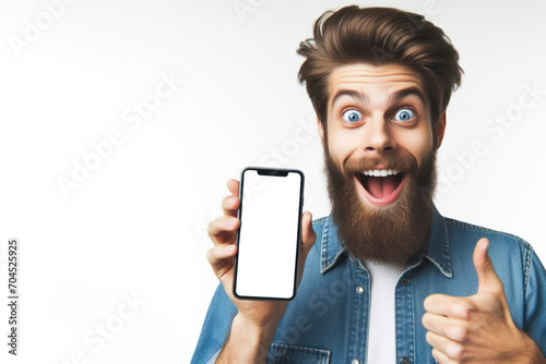 happy man with Huge Eyes surprised expression hold smartphone with white mockup screen. ai generative photo