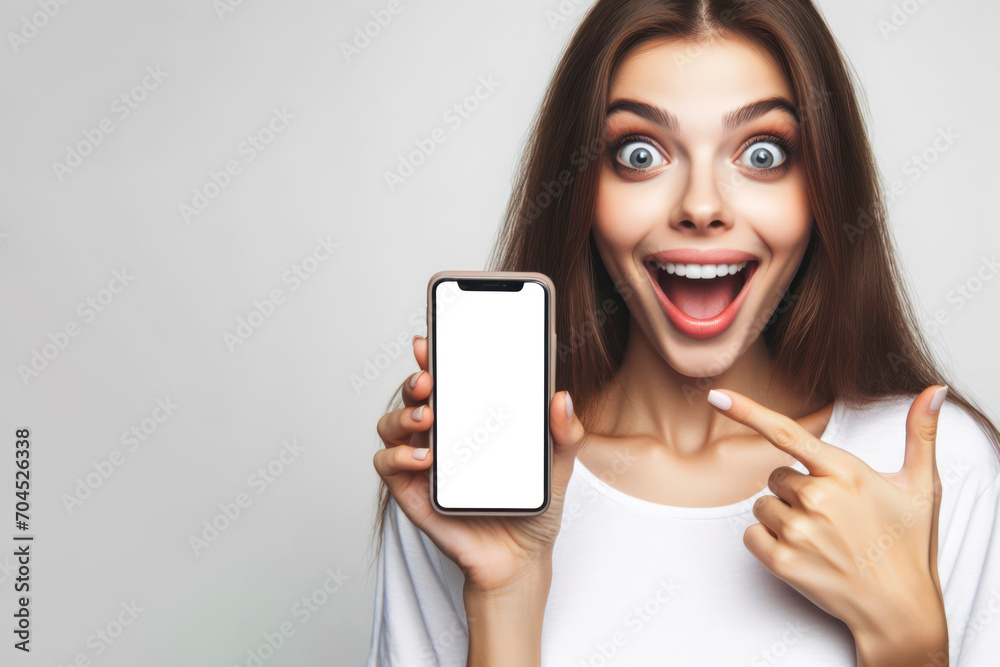 happy woman with Huge Eyes surprised expression hold smartphone with white mockup screen. ai generative