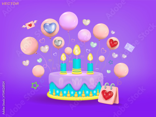 A children's birthday cake with icing, candles and balloons.
Vector illustration, banner. A place to copy.