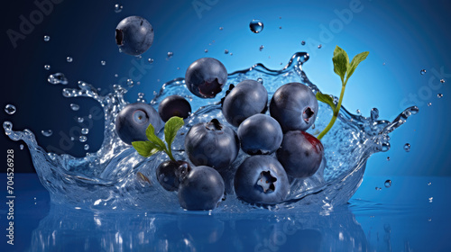 Smooth Fresh ripe organic purple Blueberries Fruits falling into water and splashes created with Generative AI Technology