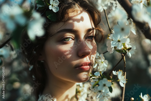 Portrait of a beautiful young woman in a spring blooming garden