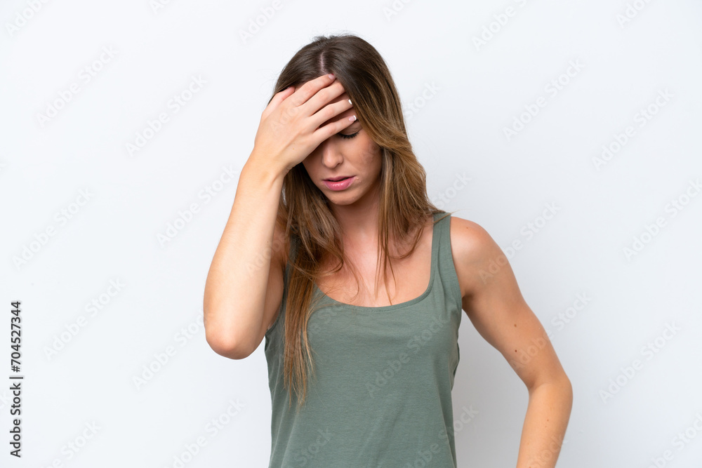 Young caucasian woman isolated on white background with headache Young caucasian woman isolated on white background with headache
