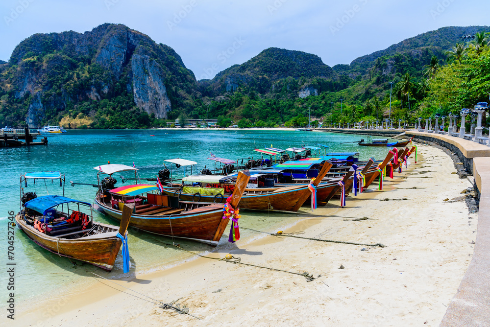 Phi Phi island pier Krabi province Thailand. Phuket and Krabi travel image concept.