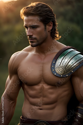 A powerful shirtless man in an authentic gladia costume stands tall and ready for battle. created with generative AI technology photo