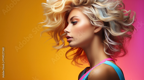 Beautiful woman with multi-colored hair and creative make up and hairstyle. Beauty face.