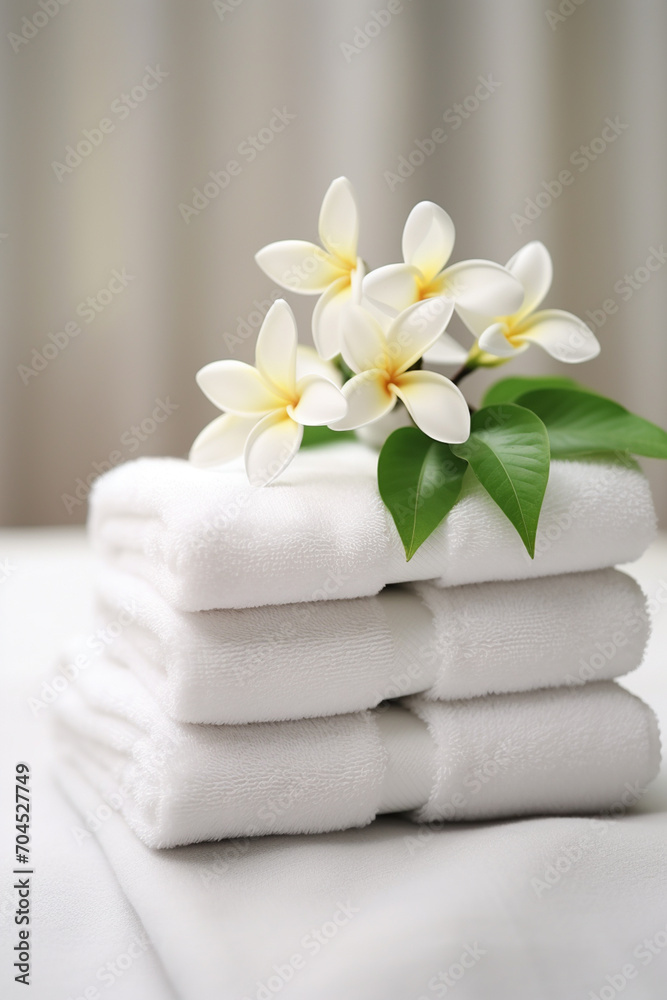 Spa composition. white towels and plumeria flowers on a white table.Generative AI