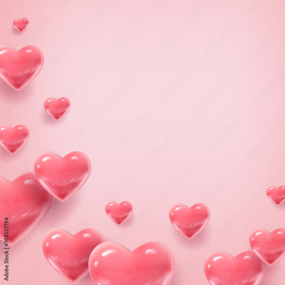 3d realistic vector illustration. Pink red hearts on background. Square valentines banner.
