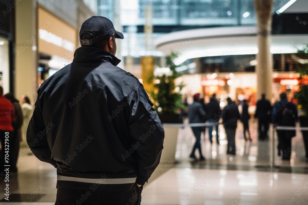 A security guard working in a shopping centre. A security guard working in a shopping centre.