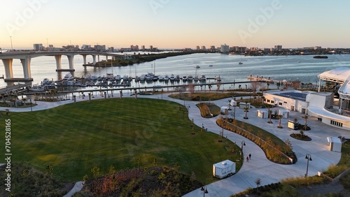 A drone photo of the Sound concert hall in Coachman Park, Clearwater, Florida.