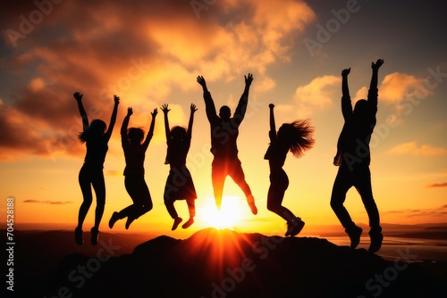 Silhouette of people jumping at raising their arms in the air against a sunset sky.