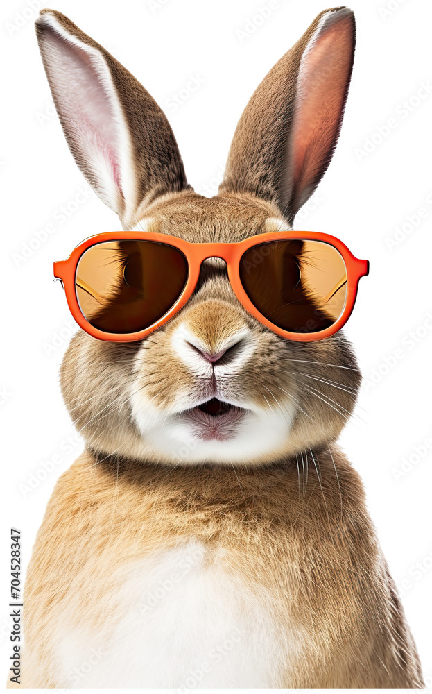 Funny smiling rabbit with sunglasses, portrait illustration PNG element cut out transparent isolated on white background ,PNG file ,artwork graphic design