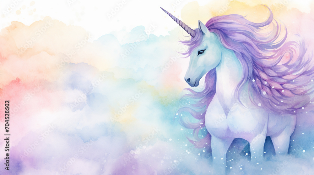 unicorn and girly background. Soft blue and violet rainbow pastel unicorn girly watercolour background