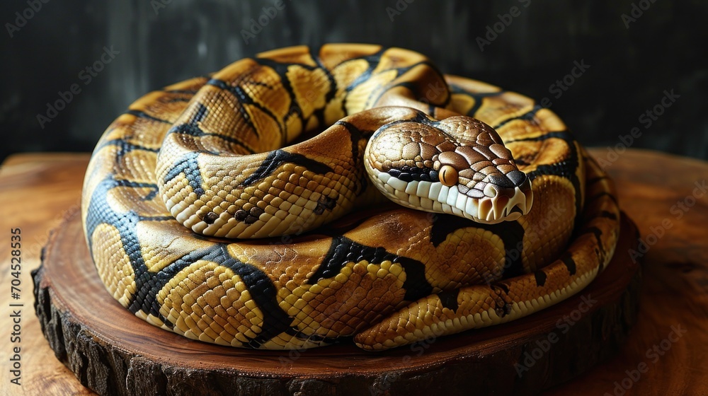 Obraz premium chocolate cake on the table in the shape of a tree python constrictor, on a wooden tray, banner
