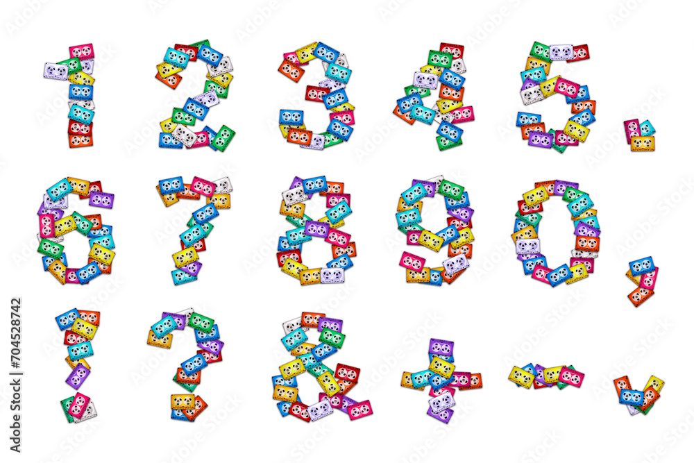 Arabic numbers and symbols alphabet arranged from colorful audio cassettes on a white background. A resource for designers on a musical theme Arabic numbers and symbols alphabet arranged from colorful audio cassettes on a white background. A resource for designers on a musical theme