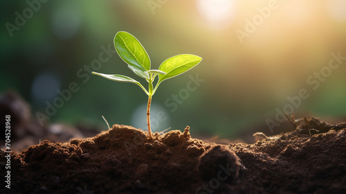 A green plant growing in good soil. Young sprouts, seedlings grow.Generative AI photo