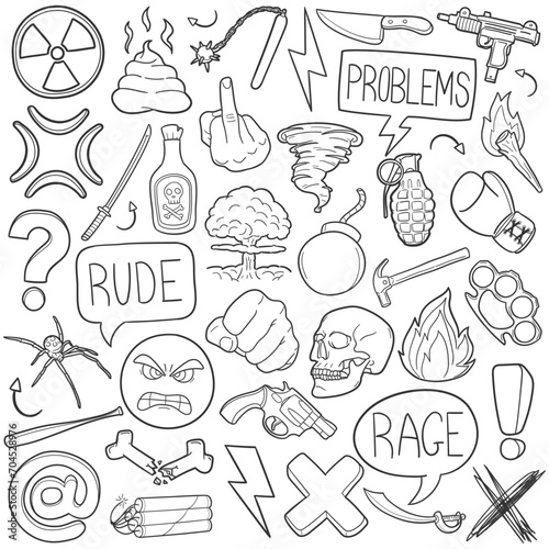 Rude Doodle Icons Black and White Line Art. Angry Clipart Hand Drawn Symbol Design.