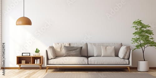 Modern style living room with grey sofa, wooden side table, and white ceiling lamp on wooden floor.