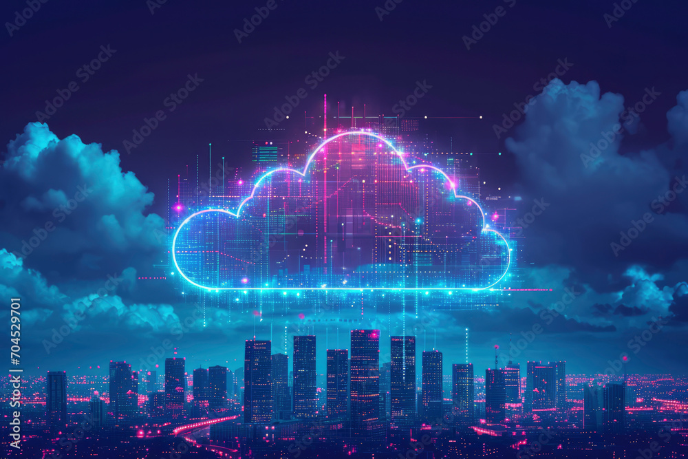 Obraz premium Cloud computing concept. Smart city wireless internet communication with cloud storage, cloud services. Download, upload data on server.