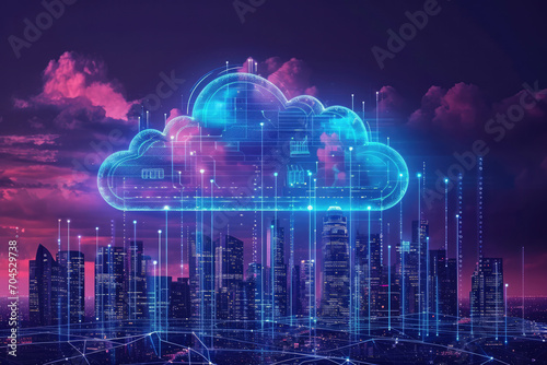 Cloud computing concept. Smart city wireless internet communication with cloud storage  cloud services. Download  upload data on server.