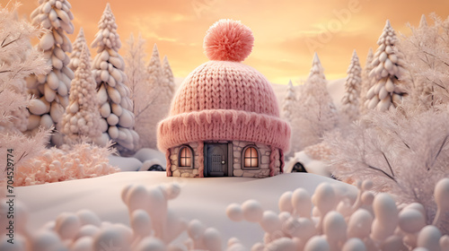 Cozy knitted house. Energy efficiency and warmth. © Oksana