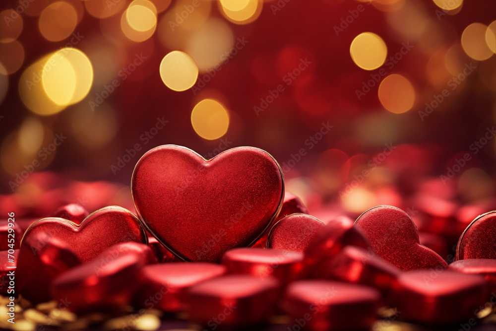 A collection of golden and red chocolate hearts on a romantic red background with soft bokeh lights, symbolizing love and Valentine's Day
