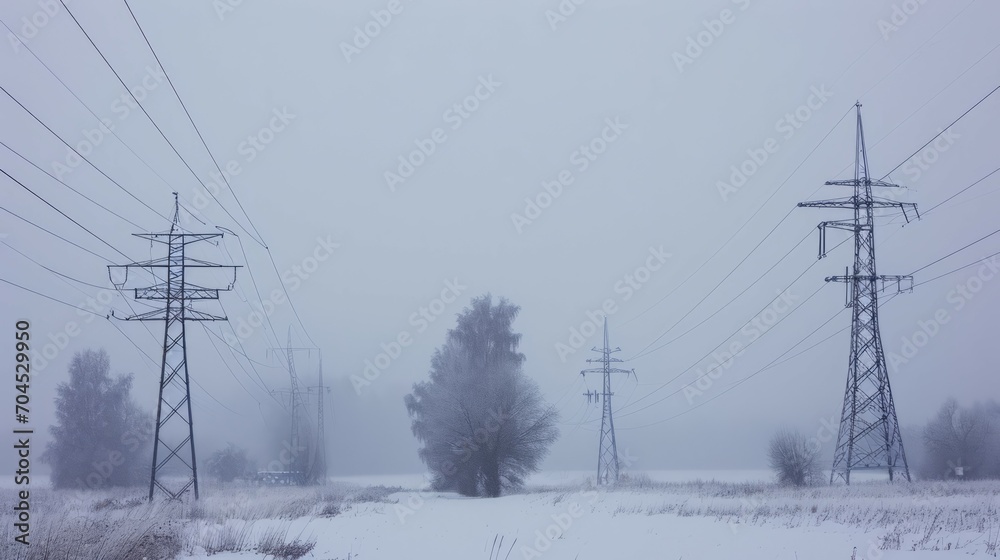 Winter's Electric Veins: Pylons Over Snow