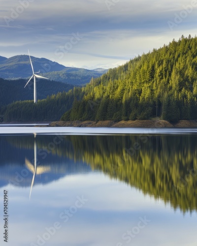 Renewable Reflections: A Lone Turbine at Dusk Amidst Nature's Calm