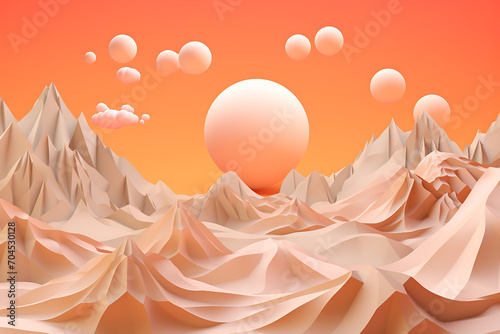 paper city  layout  geometric mountains and big sun  orange and beige tones  paper decorations
