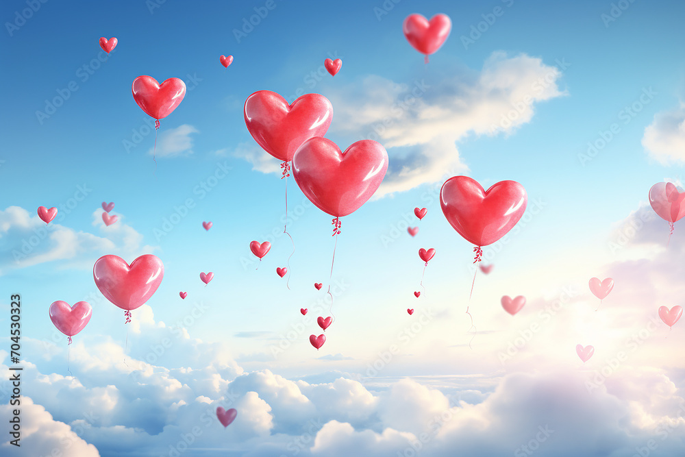 heart shaped balloons fly high in the sky in the clouds