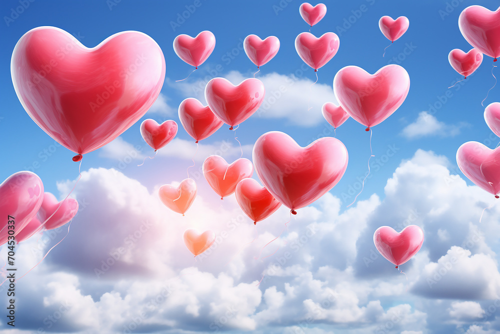 red heart shaped balloons fly across the blue sky with clouds