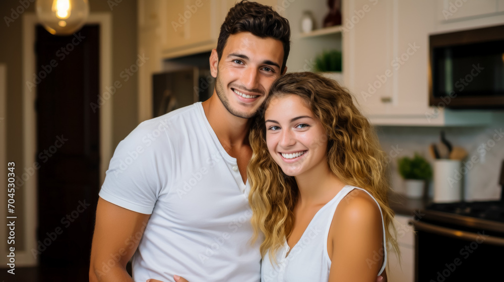 Portrait of happy young couple embracing each other while standing in kitchen at home