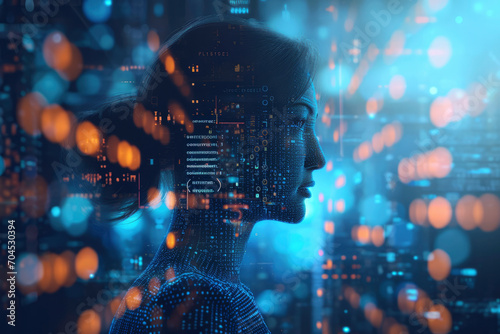 double exposure image of virtual human 3dillustration on programming and learning technology background