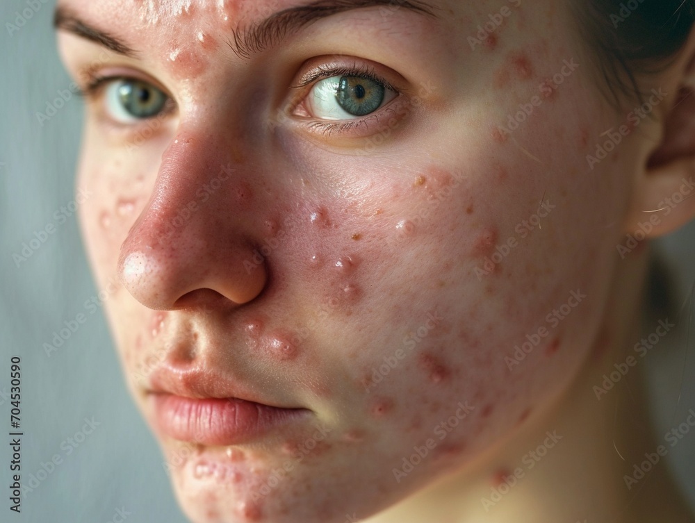 Teen girl with acne problem squeezing pimple indoors Teen girl with acne problem squeezing pimple indoors