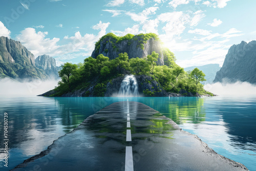  floating road with tropical island. piece of land with waterfall and ocean with beautiful landscape photo