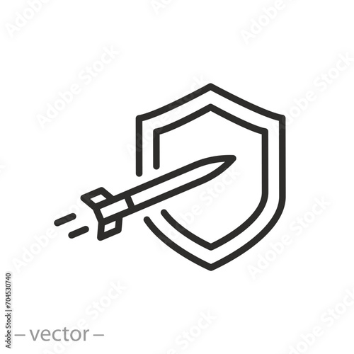 air defense icon, shield and ballistic missile, thin line symbol on white background - editable stroke vector illustration eps10