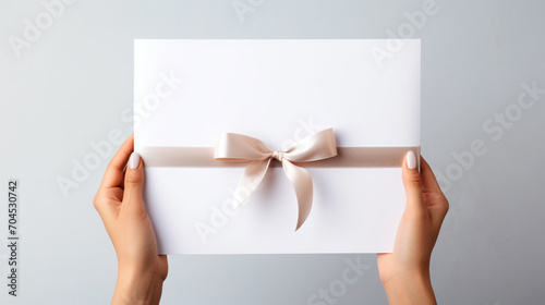 female hands holding empty square cardboard banner on white background with bow. Generative AI photo