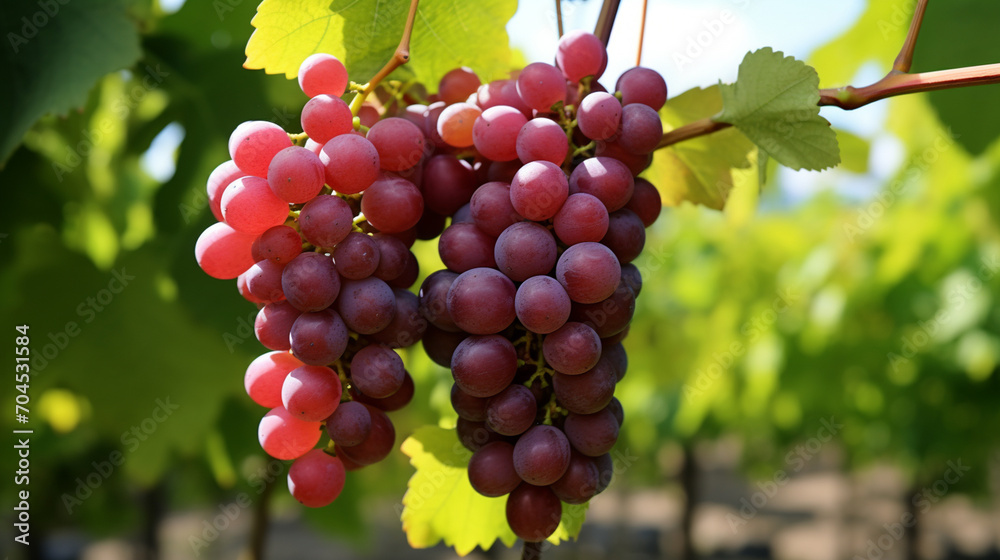 Bunches of grapes between grape leaves in a vineyard. Generative AI Bunches of grapes between grape leaves in a vineyard. Generative AI
