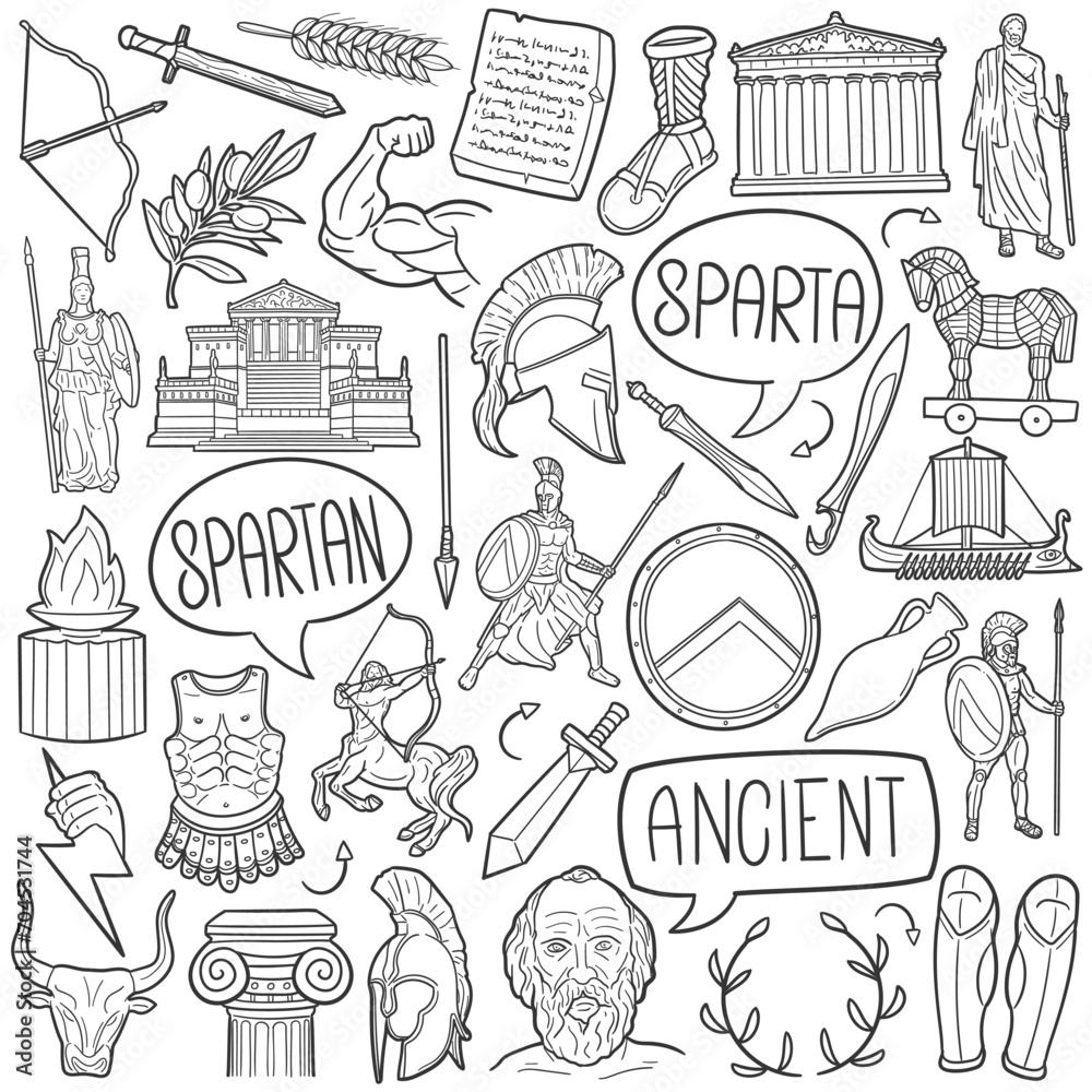 Spartan Doodle Icons Black and White Line Art. Sparta Clipart Hand ...