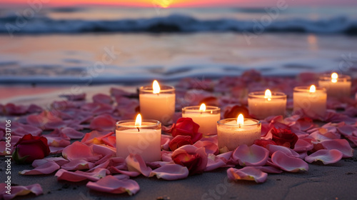 candles and rose petals on the background of the sea.Generative AI photo