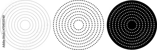 Halftone dash circle element. Radial, radiating dash lines. Circular, concentric circles