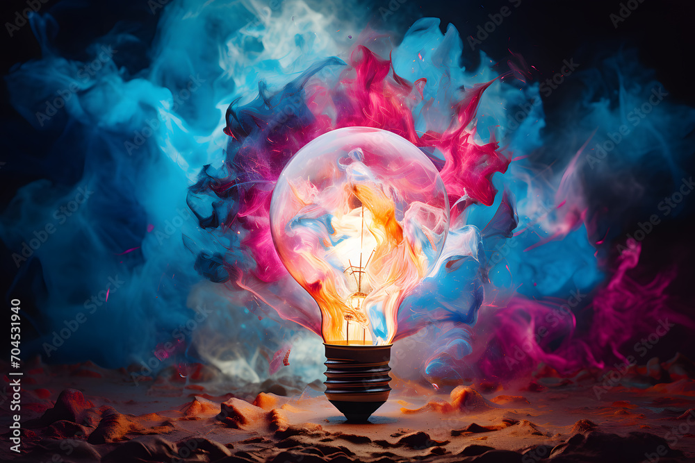 Creative idea light bulb explodes with colorful paint and colors.  - obrazy, fototapety, plakaty 