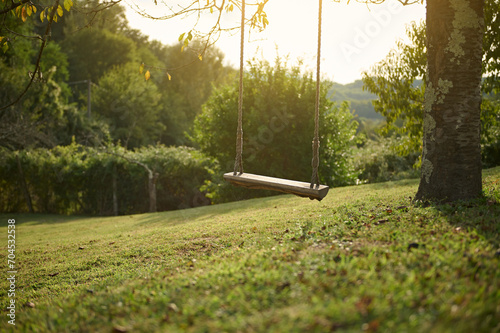 Still life with a simple wooden swing handing on the tree branch on the garden at sunset