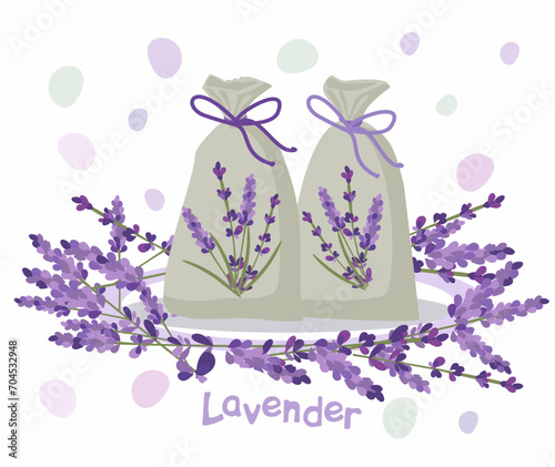 Fragrant lavender bags with bows, a lavender wreath. Vector illustration