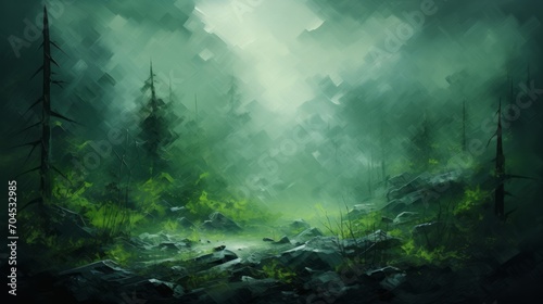 abstract green landscape idyllic scenery oil painting texture design. glade in forest surrounded by evergreen trees at dawn. nature environment travel saga concept background illustration.  photo