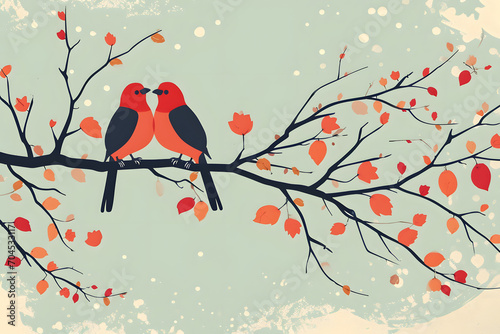 Couple birds in love on a branch of tree. Valentine day background. © Pacharee