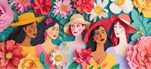Colorful paper art design of women surrounded by floral decorations. Paper craft and art.
