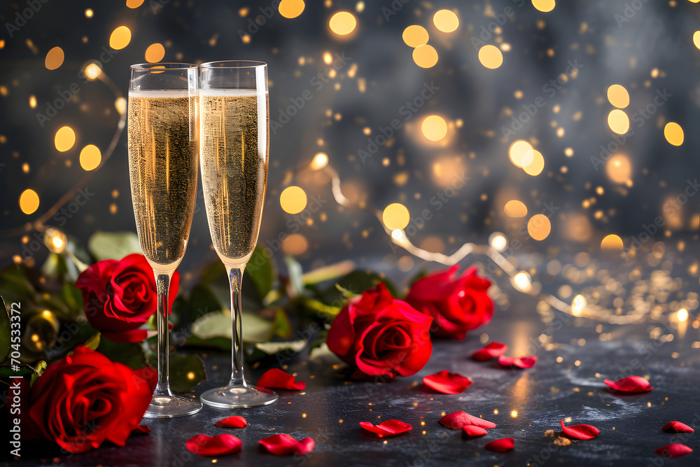 Two champagne glasses with red heart confetti over pink background. Valentine's Day. Two champagne glasses with red heart confetti over pink background. Valentine's Day.