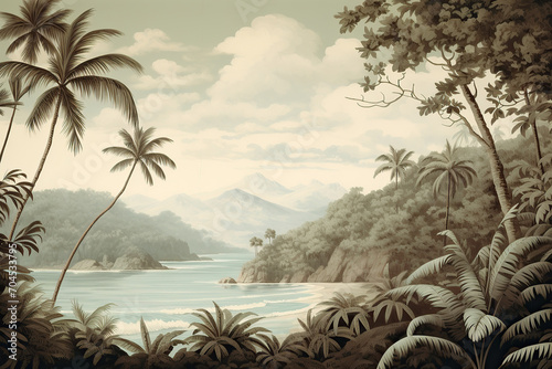 Boho wallpaper, Vintage botanical illustration of a beach among tropical trees, tropical flowers