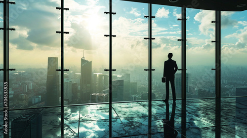 Businessman reflecting on city from panoramic window, AI Generated